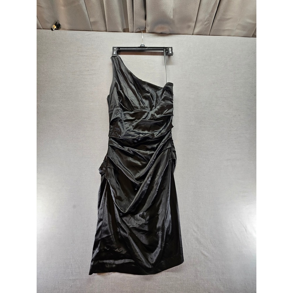 Suzi Chin Maggy Boutique Black One Shoulder Ruched Satin Cocktail Dress 8